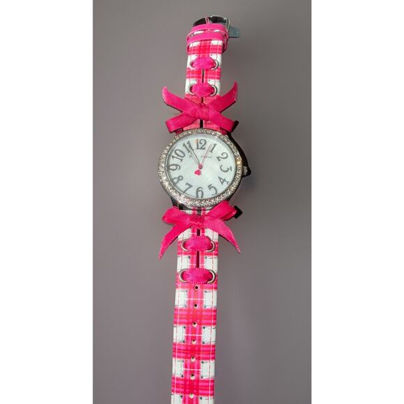 Betsey Johnson watch with a fuchsia plaid strap and crystal-accented bezel main image 5